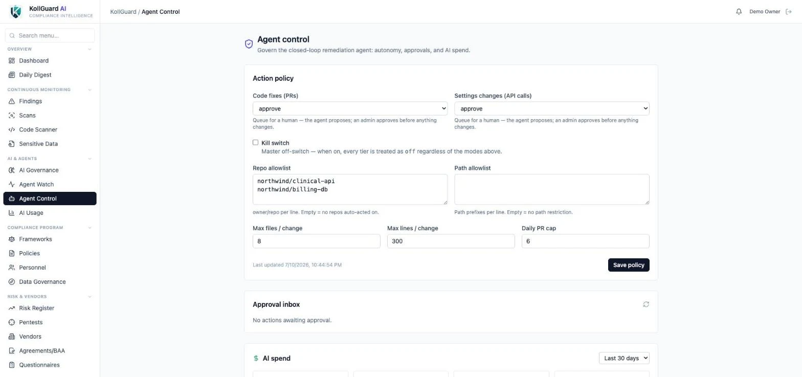 Agent Control page with autonomy policy, kill switch, blast-radius caps, and approval inbox