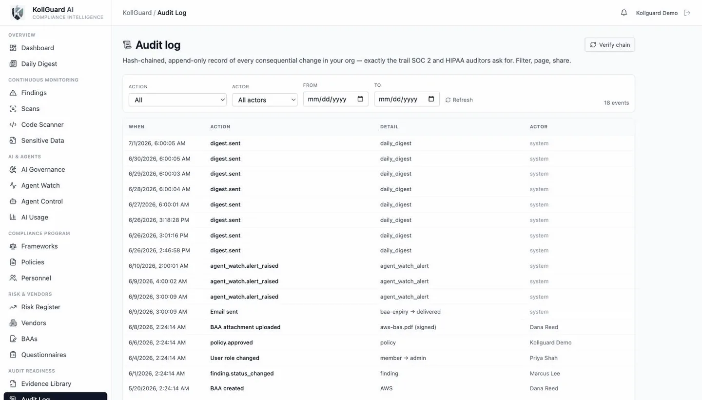 Hash-chained audit log with a Verify chain button and per-event actor attribution