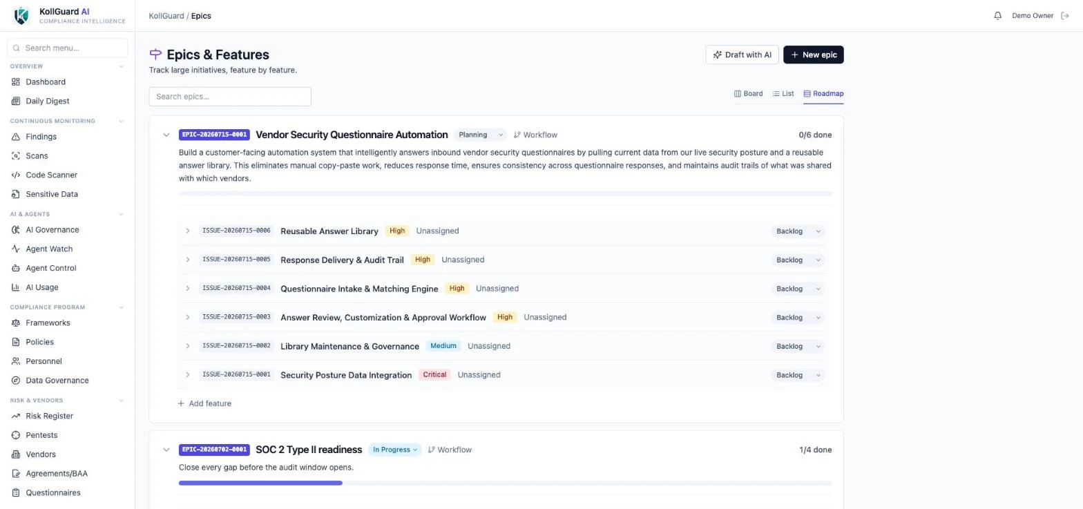 Roadmap view of an epic with KGAI-drafted features, inline status, and progress