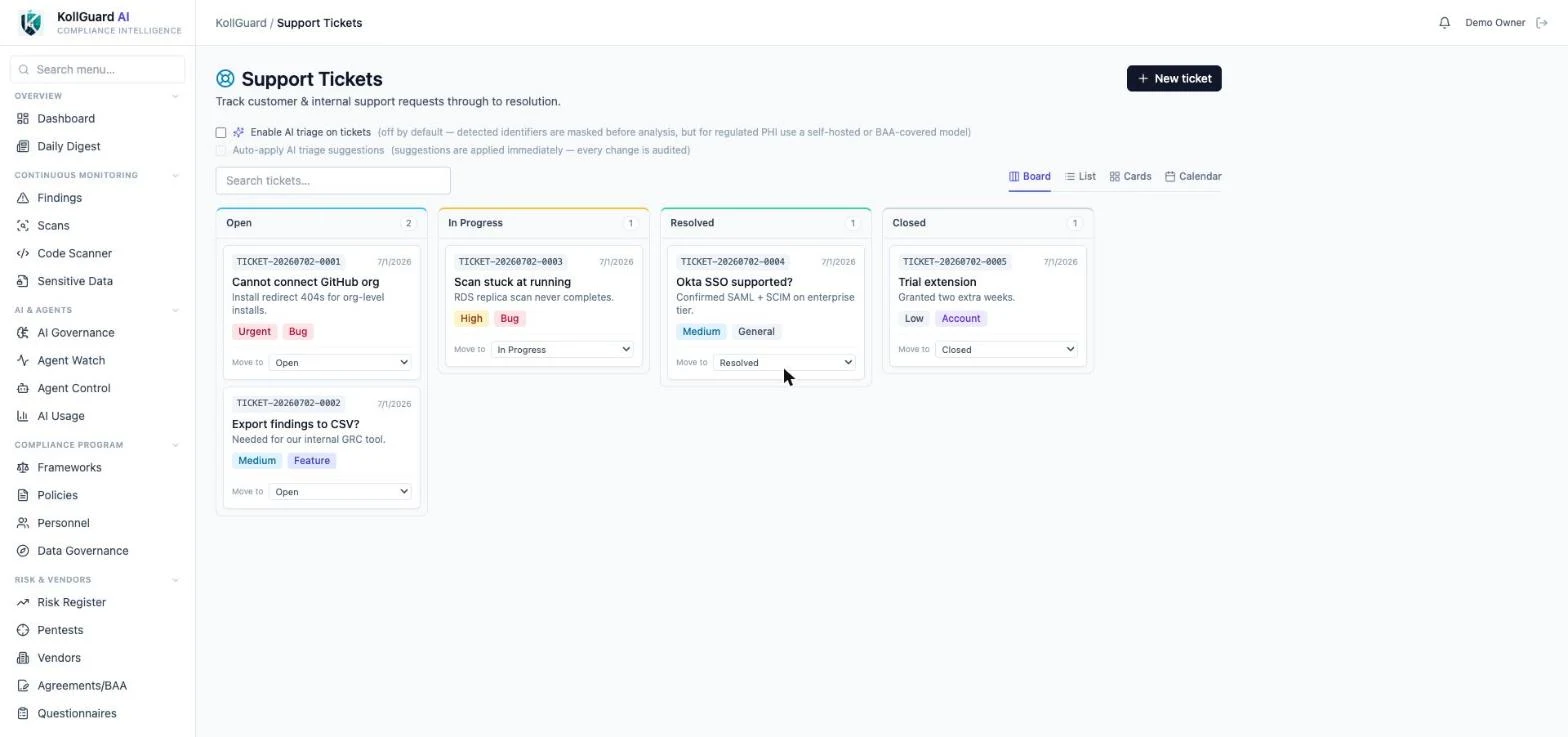 Support tickets Kanban board with open, in progress, resolved, and closed columns